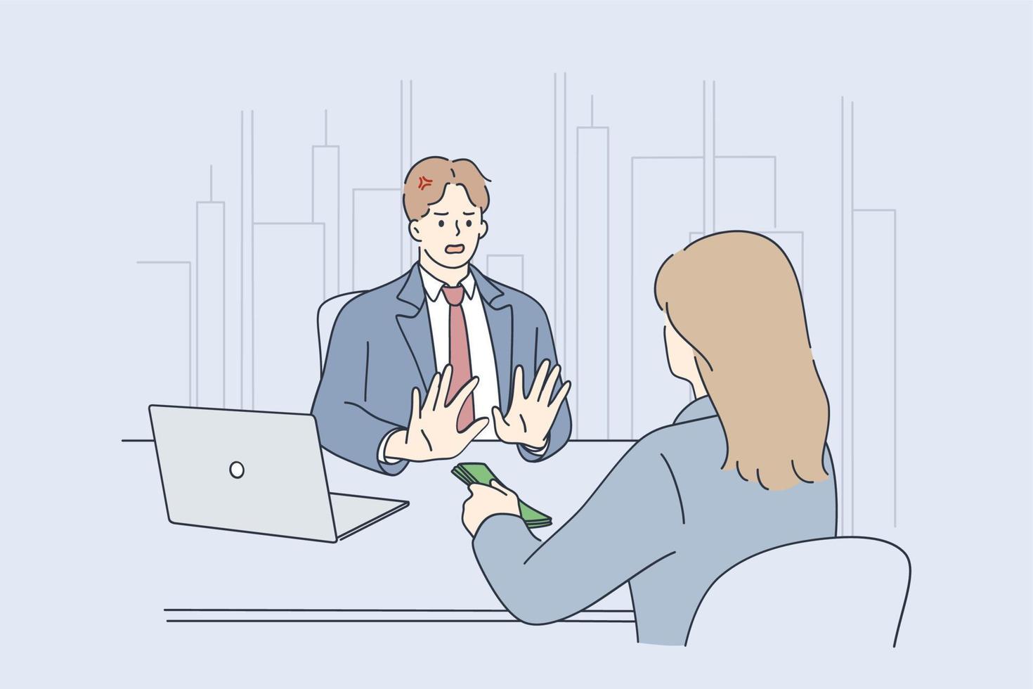 Business frauds, bribes and illegal business concept. Businessmen refusing to take dollars bribe from woman partner during meeting in office in signing contract and making corruption illustration vector