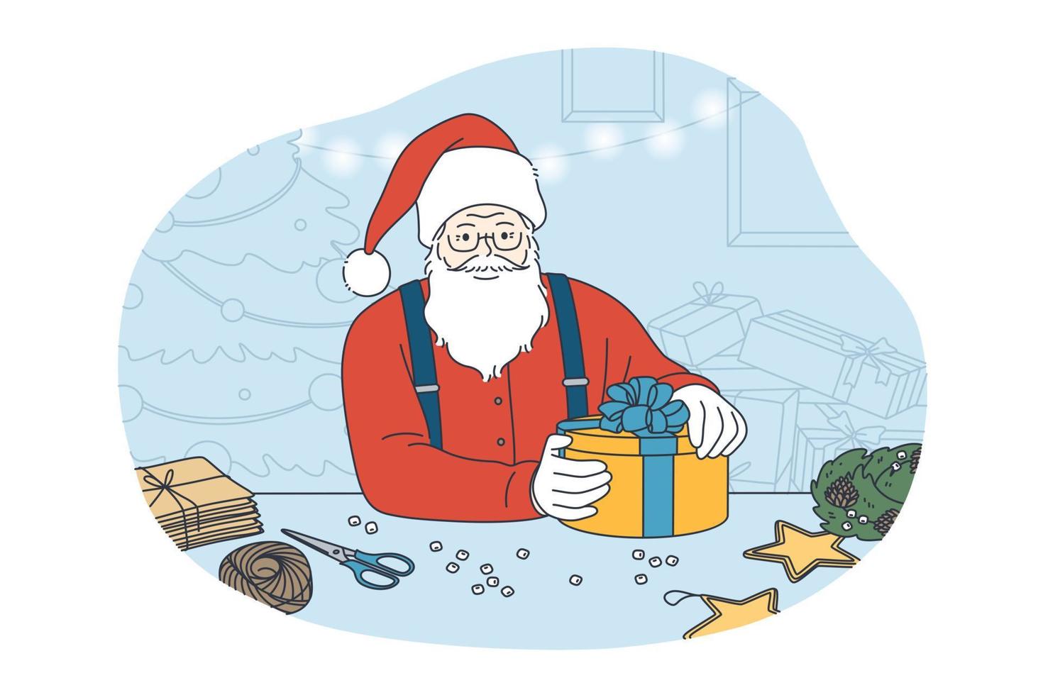 Santa Claus decorating Christmas presents concept. Old funny bearded Santa in traditional costume and hat sitting holding gift box preparing for Xmas eve over heap of boxes at background vector