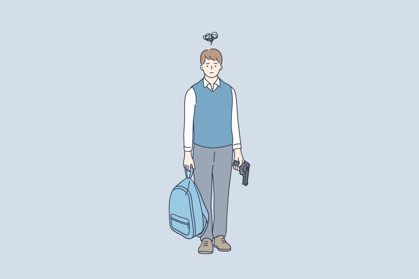 crimen, agresión, concepto de asesino potencial. personaje de dibujos animados de colegial de pie y sosteniendo mochila y pistola con pensamientos terribles en la ilustración de vector de mente