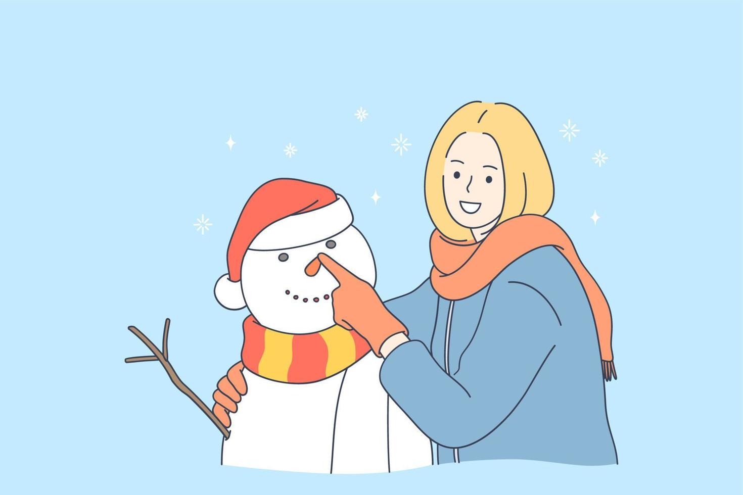 disfrutando del concepto de invierno y actividades al aire libre. joven personaje de dibujos animados de mujer sonriente haciendo muñeco de nieve y disfrutando del invierno con nieve al aire libre ilustración vectorial vector