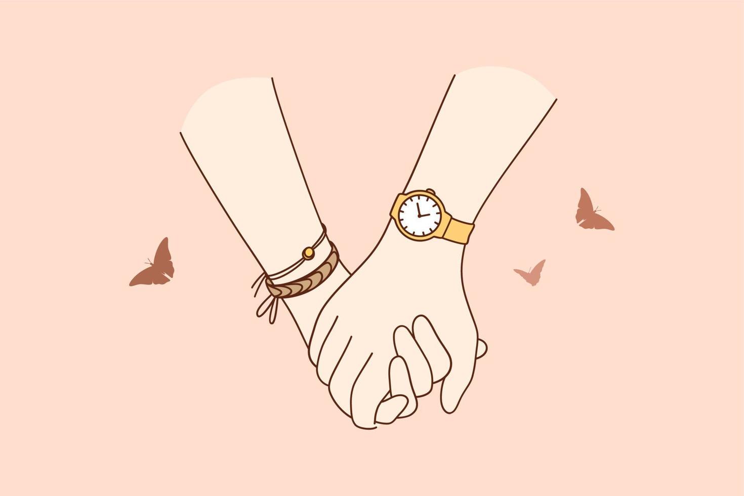 Holding hands, love, togetherness concept. Close-up of couples hands holding each other during walk feeling love and tenderness illustration vector