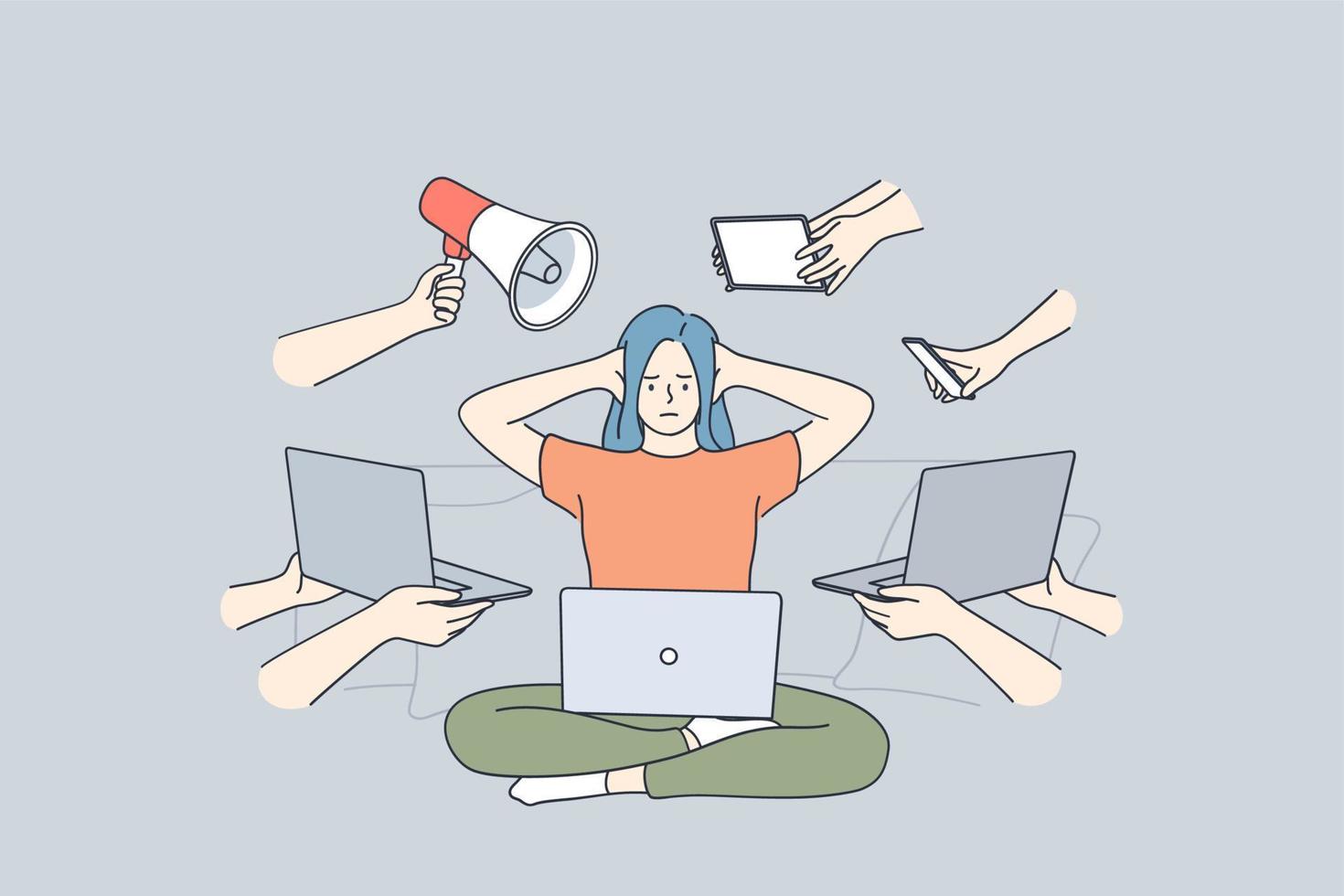 Multitasking, stress, business efficiency concept. Young frustrated stressed woman sitting with laptop covering ears with hands workaholic feeling too tired of many tasks for work vector