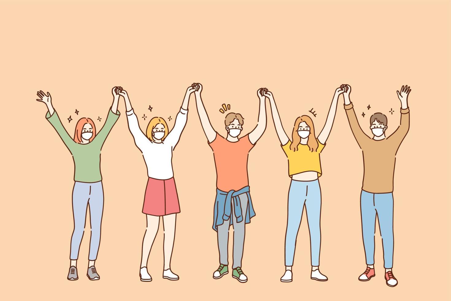 Friendship and having fun during COVID-19 pandemic concept. Group of young positive friends in protective medical face masks standing and holding raised hands in team during pandemic illustration vector