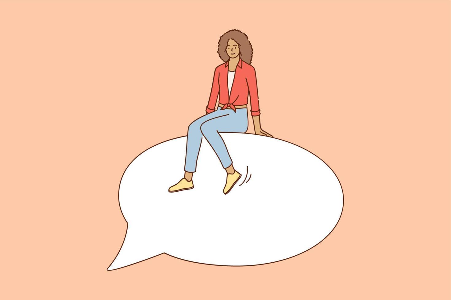 Free speech and communication concept. Young black woman cartoon character sitting on big speech bubble symbolising reply message conversation vector illustration