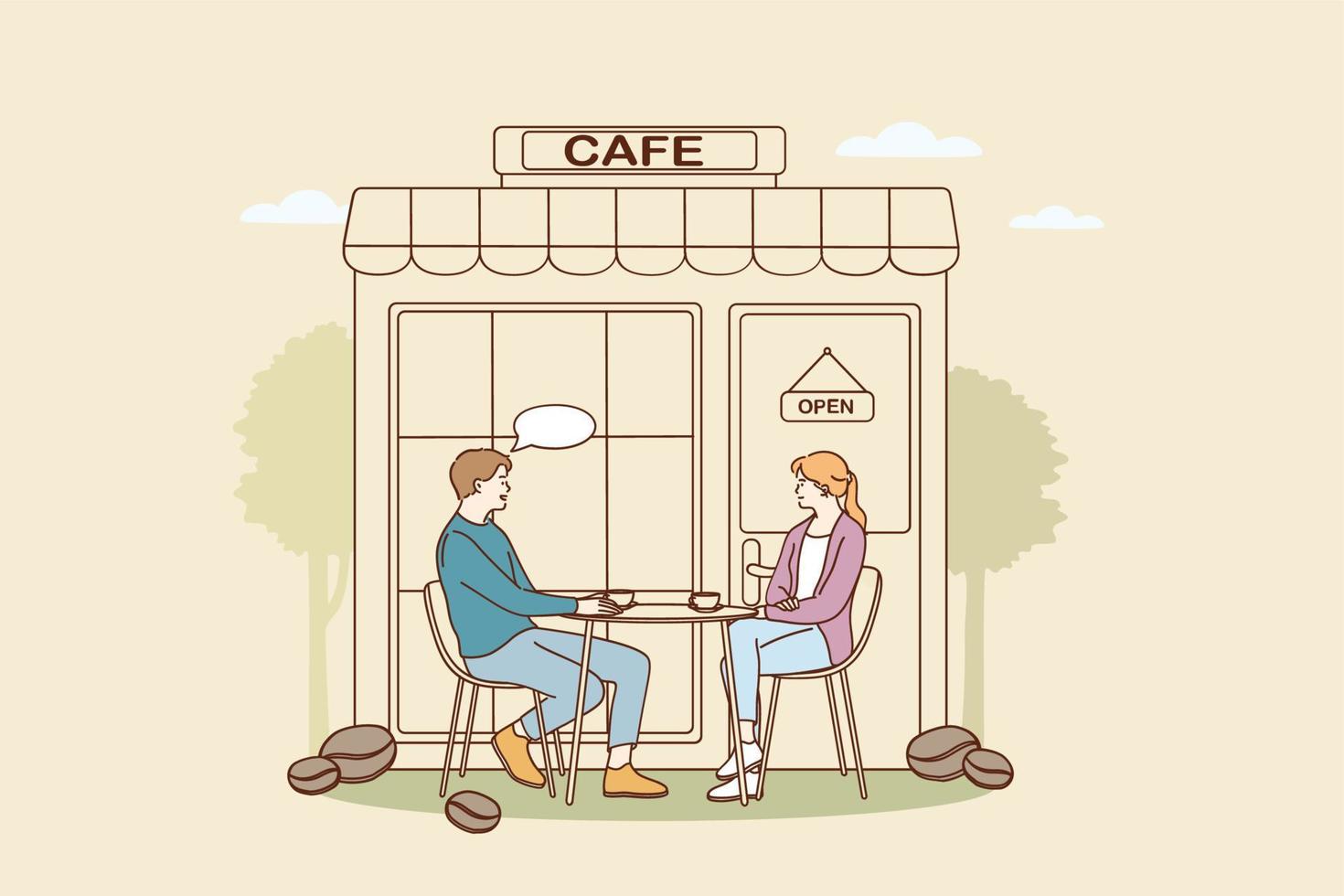 concepto de cafetería y cafetería. jóvenes personajes de dibujos animados de pareja sonriente sentados al aire libre tomando café y charlando en la ilustración de vector de cafetería