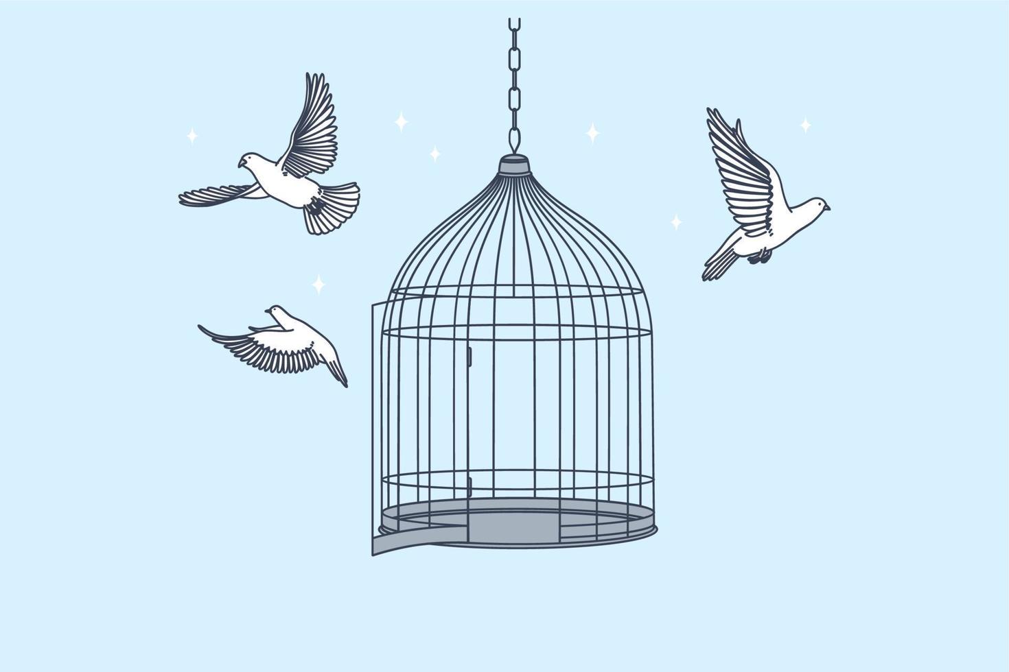 New opportunities, freedom, mental development concept. Open cage with flying from inside doves birds meaning getting freedom of mind and body illustration vector