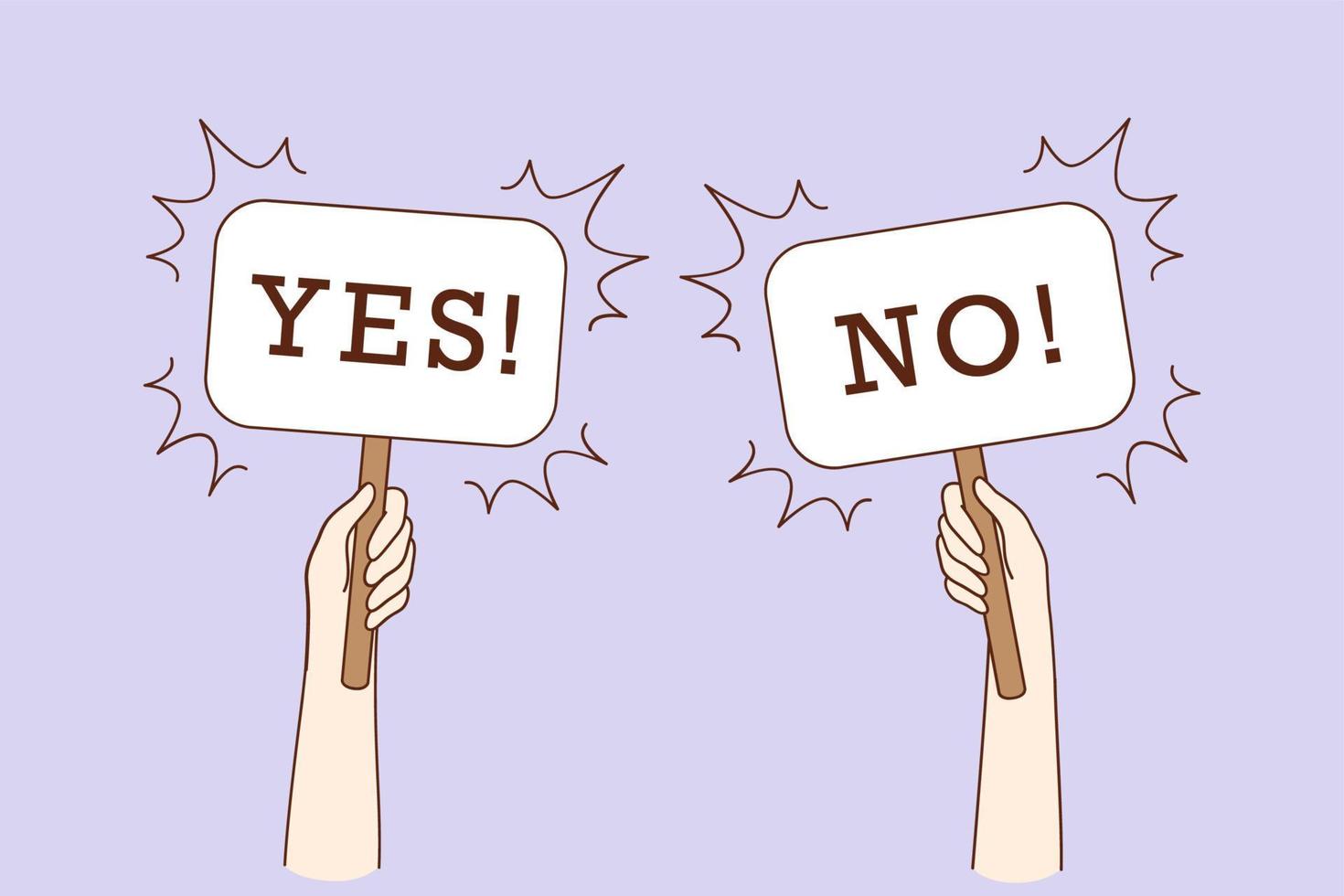 Dilemma, dispute, choice hesitation concept. Human hands holding Yes No banners meaning test question, opposition, choice, deciding process vector illustration