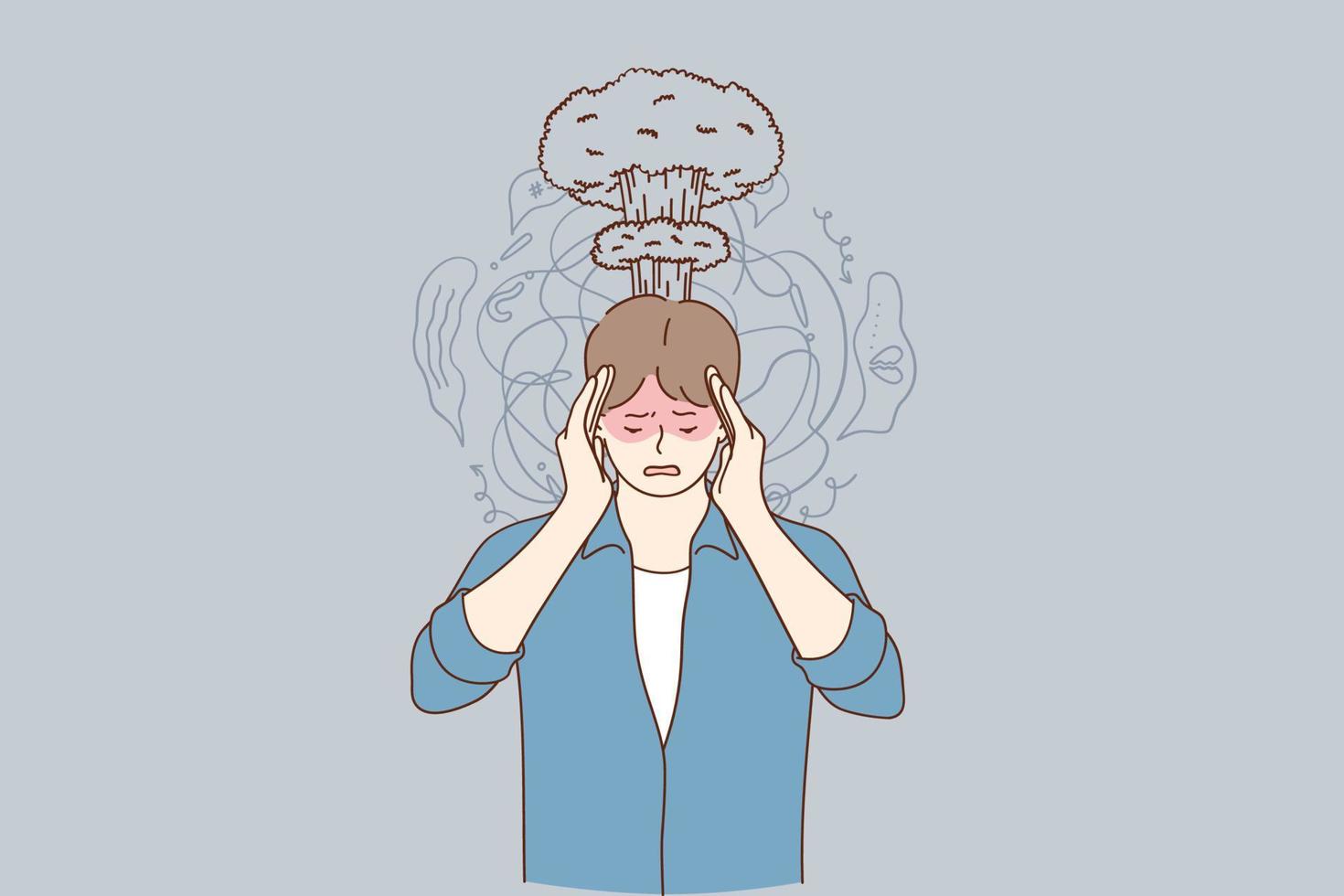 Migraine, stress, headache concept. Frustrated stressed man suffering from headache holding hands on head temples having anxiety problems, dementia disease vector illustration