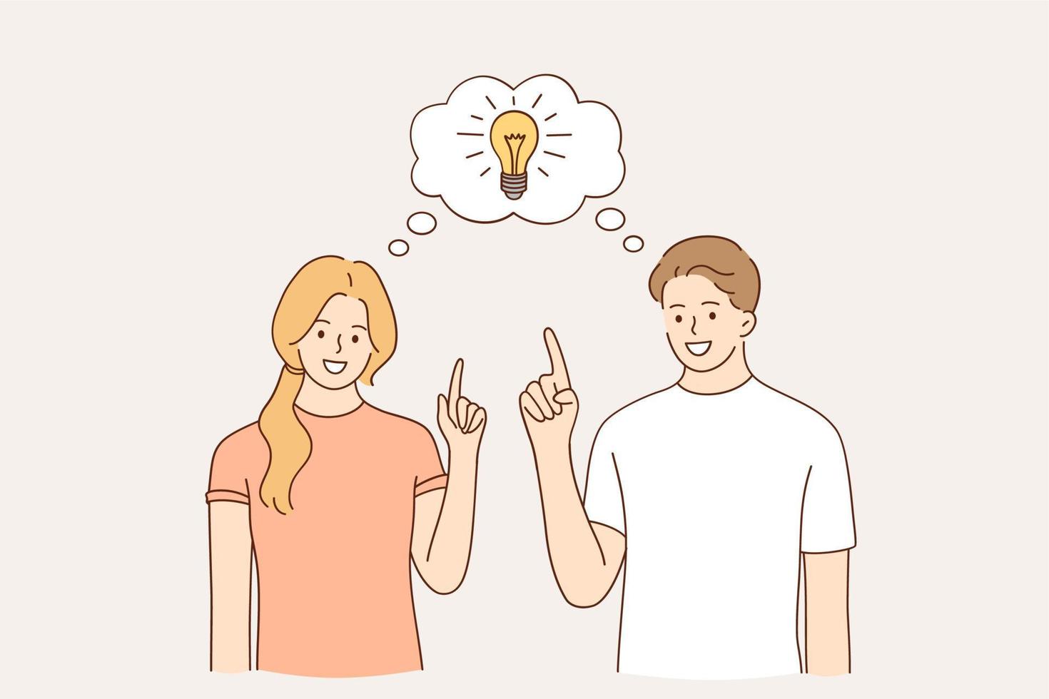 Having idea and solution concept. Young happy couple cartoon characters standing with light bulb between them meaning solved question, creative thinking vector illustration