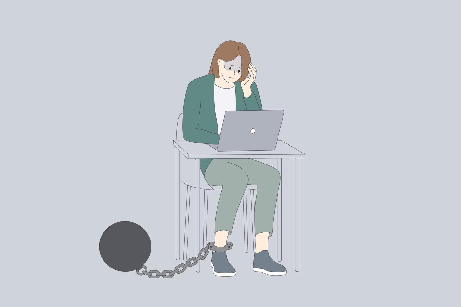 deudas y concepto de quiebra. joven personaje de dibujos animados de mujer deprimida sentada con una computadora portátil y pesas rusas en la pierna en la cadena sintiéndose infeliz ilustración vectorial frustrada vector