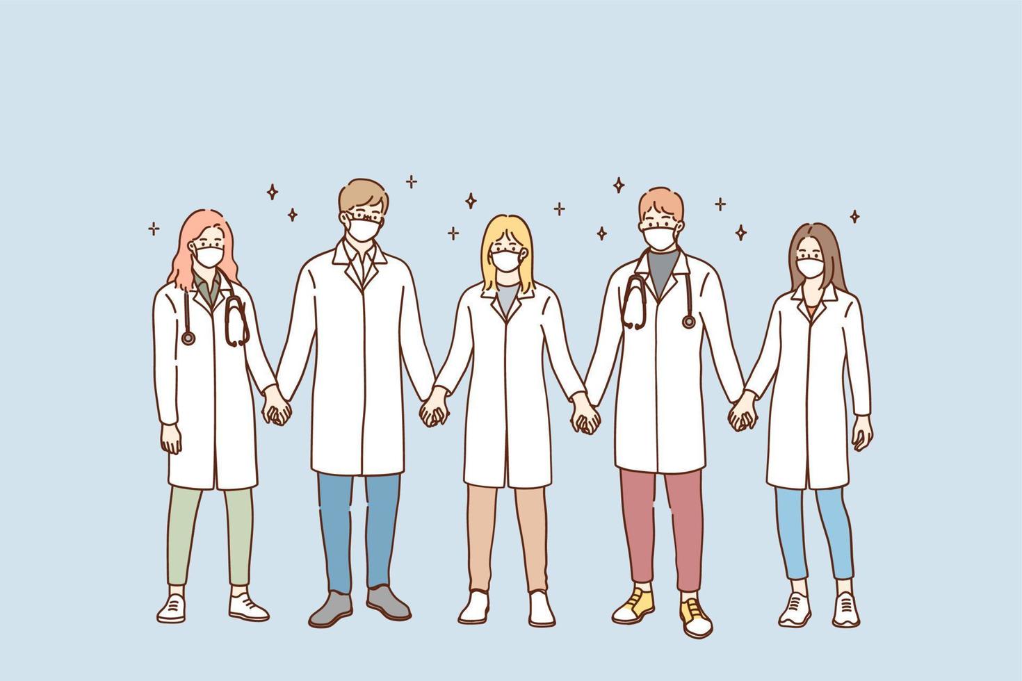 Doctors teamwork, uniting efforts against COVID-19 pandemic concept. Group of young doctors in protective medical face masks standing and holding hands in team during pandemic vector illustration