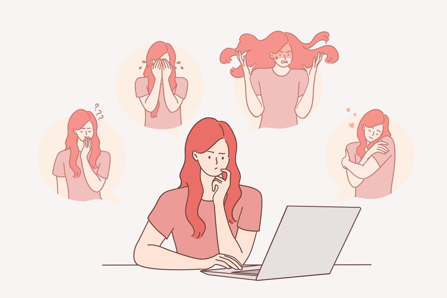 Mental disorder, distracted behaviour concept. Young woman cartoon character sitting near laptop expressing various feelings and emotions suffering from mood changes vector illustration