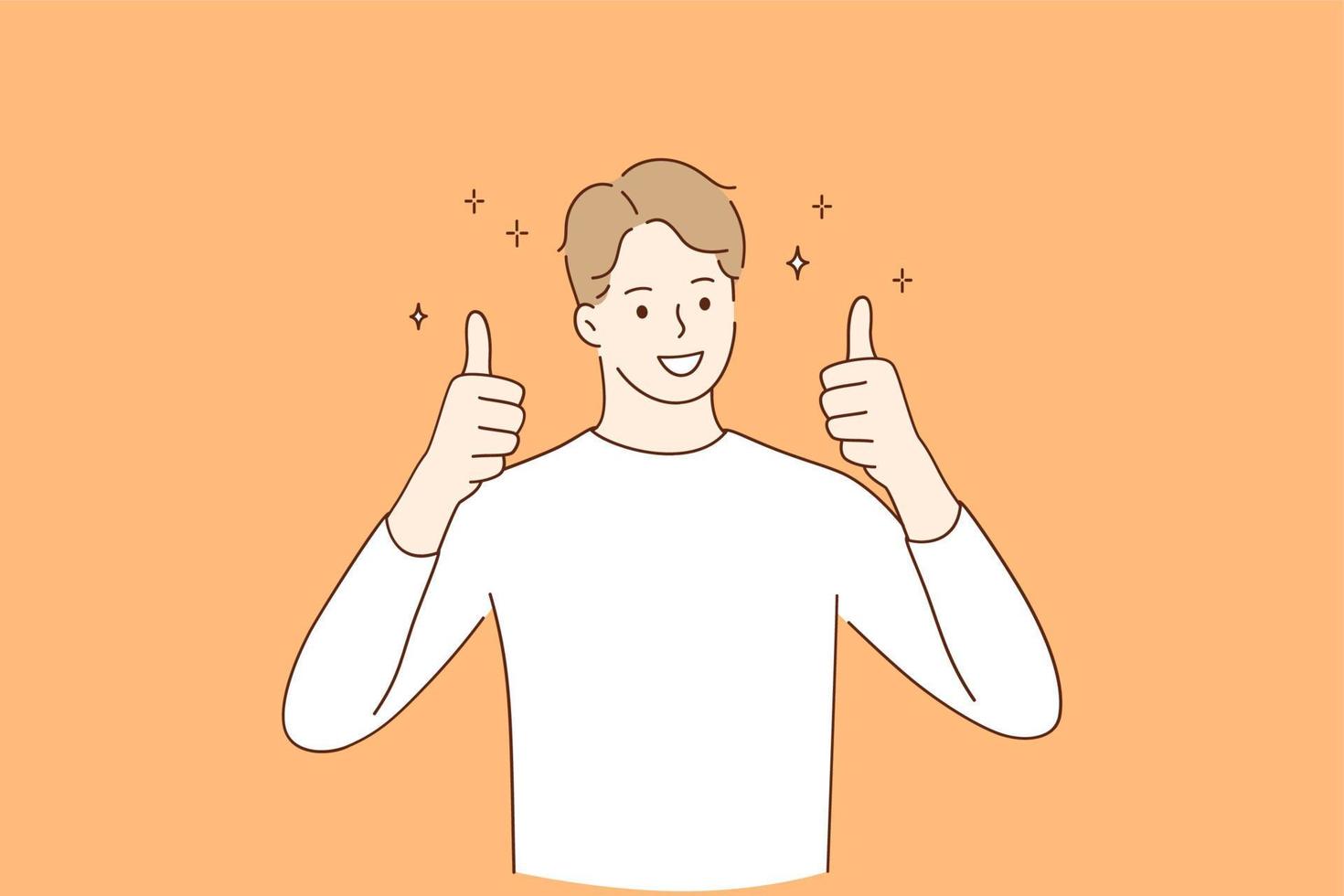 Winner, cheerful mood and thumbs up concept. Young smiling man wearing casual clothes cartoon character standing and showing thumbs up positive gesture with hand vector illustration