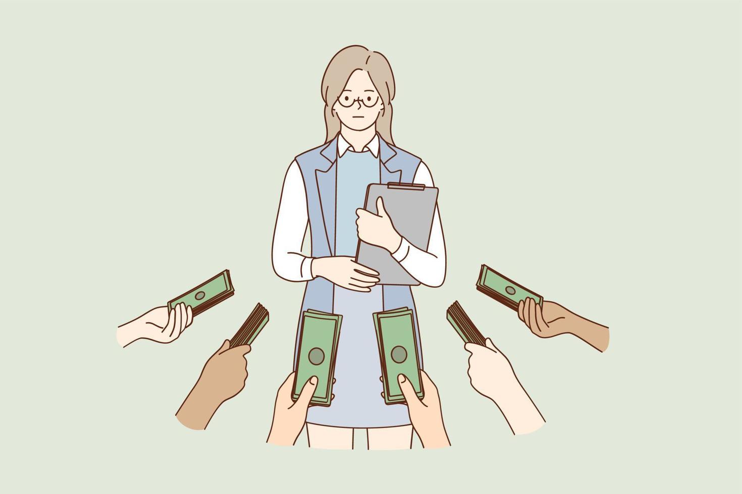 Qualification, skills, opportunity concept. Woman popular specialist cartoon character standing with laptop and getting professional money proposals from different sides vector illustration