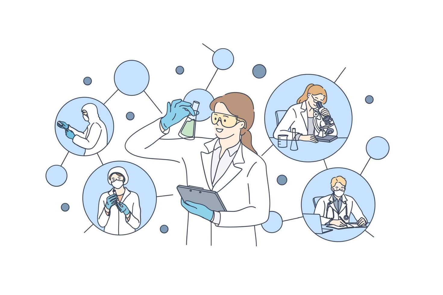 Chemical laboratory tests and research concept. People scientists in uniform and protective masks and gloves working on antiviral treatment and making vaccine discovery vector illustration