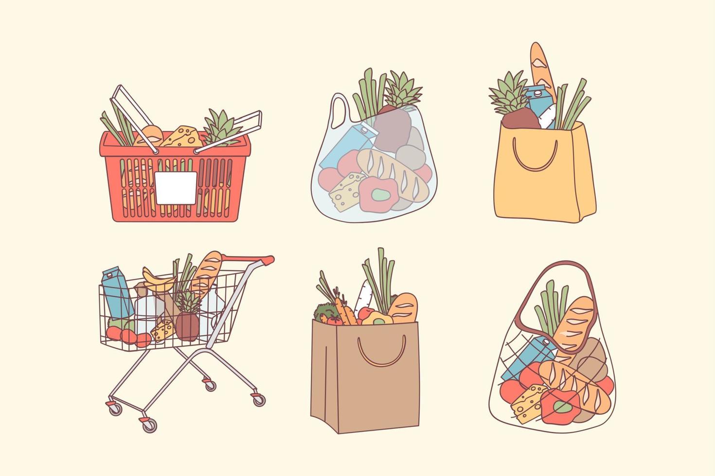Shopping bags and grocery purchases concept. Full bags and baskets with natural food, organic fruits and vegetables for clean eating healthy diet vector illustration. Department store goods