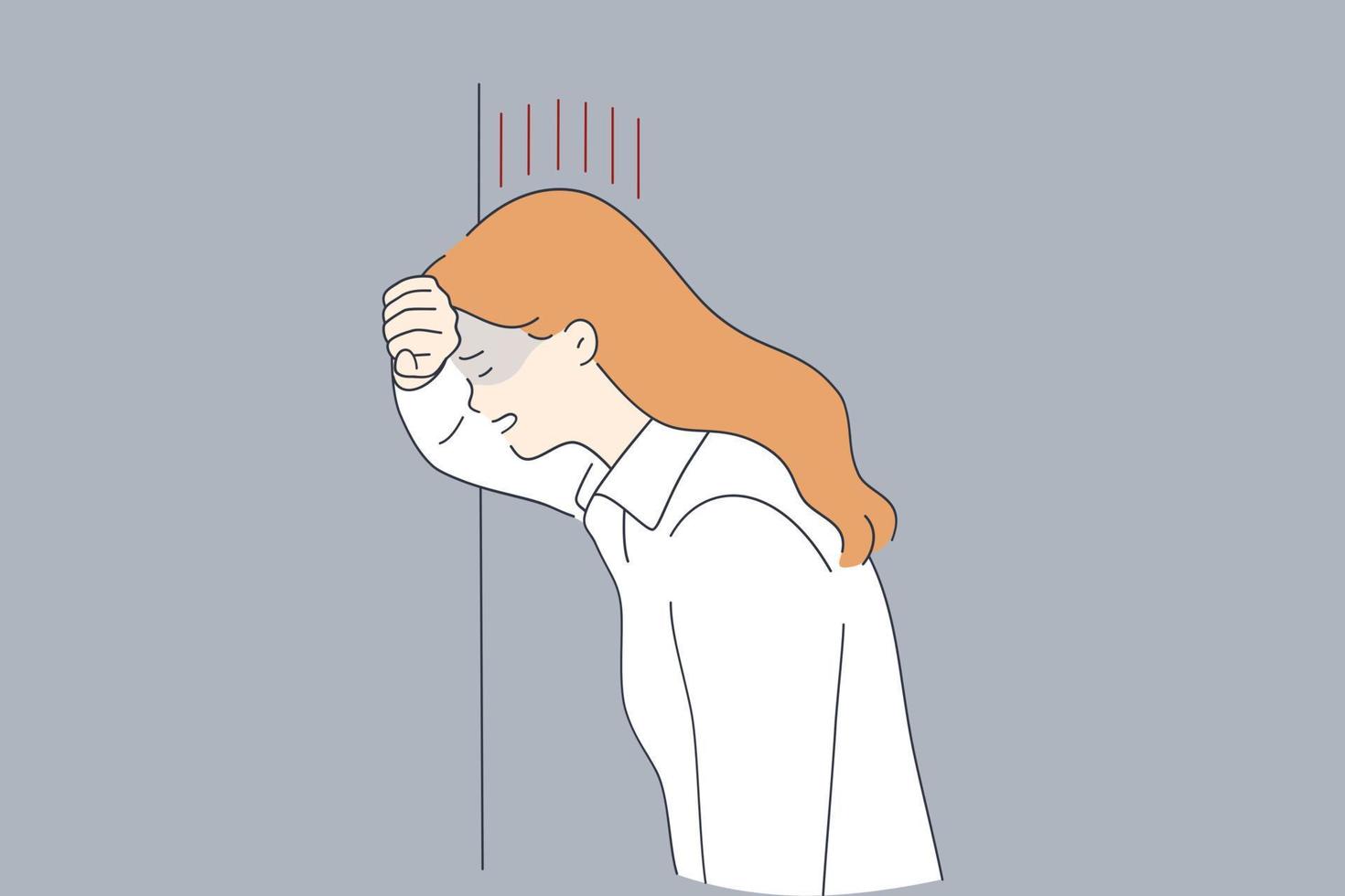 Grief, Depression, negative emotions concept. Stressed crying sad young woman standing near wall with eyes closed feeling grief frustration and emotional crisis vector illustration