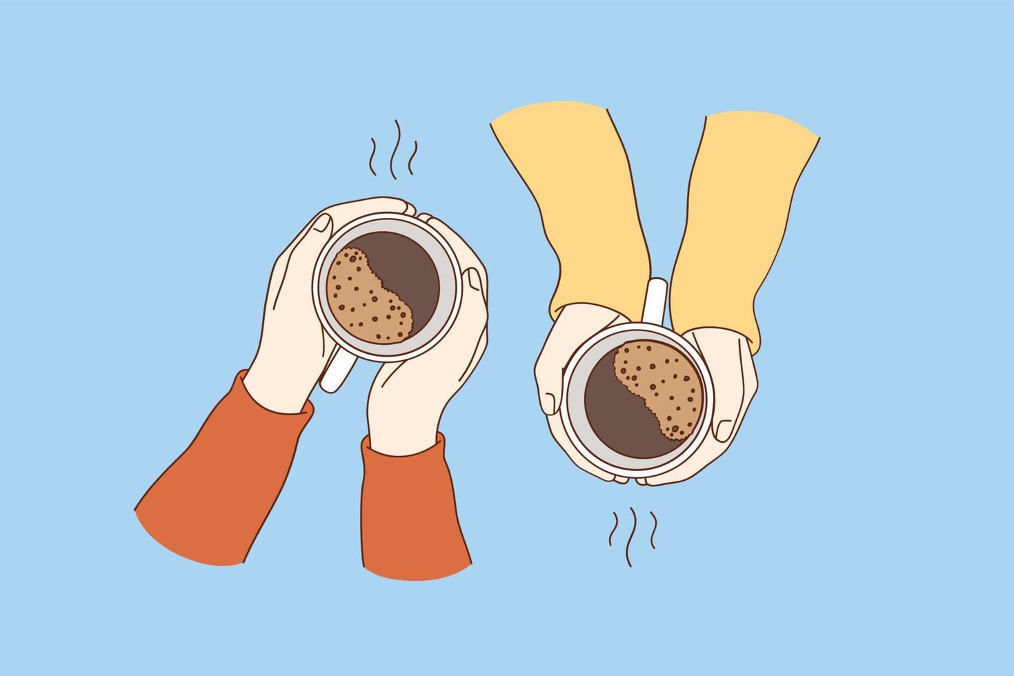 Hot drinks for breakfast concept. Female hands holding cups of fresh brewed coffee drinks over blue table background vector illustration, top view
