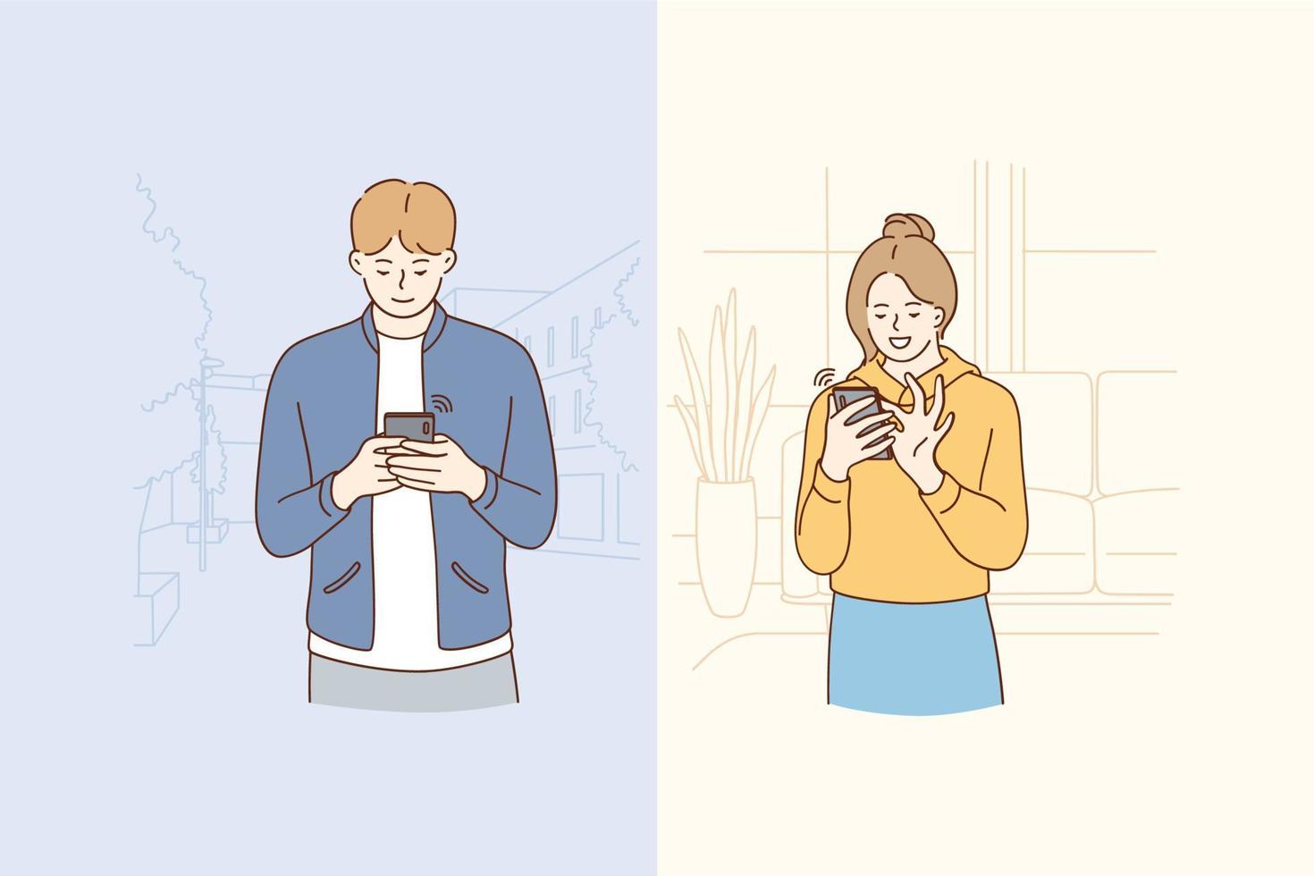 concepto de chat y tecnología en línea. jóvenes personajes de dibujos animados de pareja sonriente chateando y comunicándose en línea en teléfonos inteligentes por messenger y saliendo con ilustraciones de vectores en línea