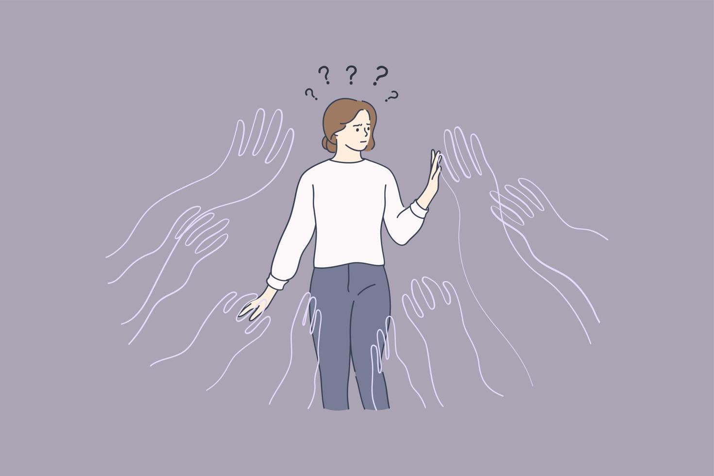 Psychological influence, manipulation, addiction concept. Young frustrated woman cartoon character standing surrounded by giant creeping hands feeling influence and doubting what to choose vector