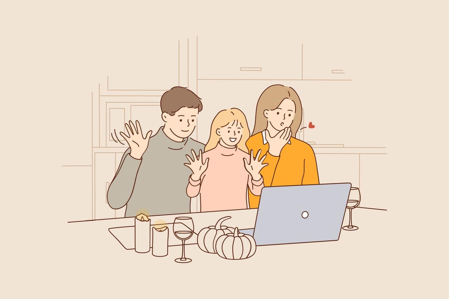 Online holiday celebration and video conference concept. Happy family cartoon characters sending kisses during making video call on laptop on Thanksgiving day or other holiday at home vector