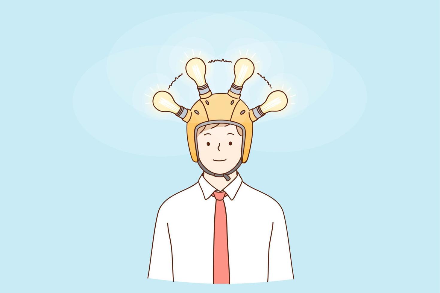 Great idea, business development, innovation concept. Happy young businessman cartoon character standing in helmet with signing lamps on head having great idea for business development vector