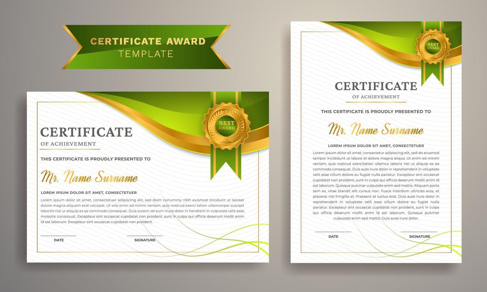 Certificate of achievement template, gold and green color. vector