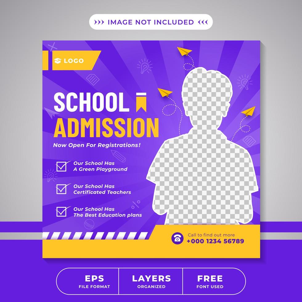 School education admission Social Media Square Banner template design. Back to school social media post banner design set. Kids school admission post banner template. vector