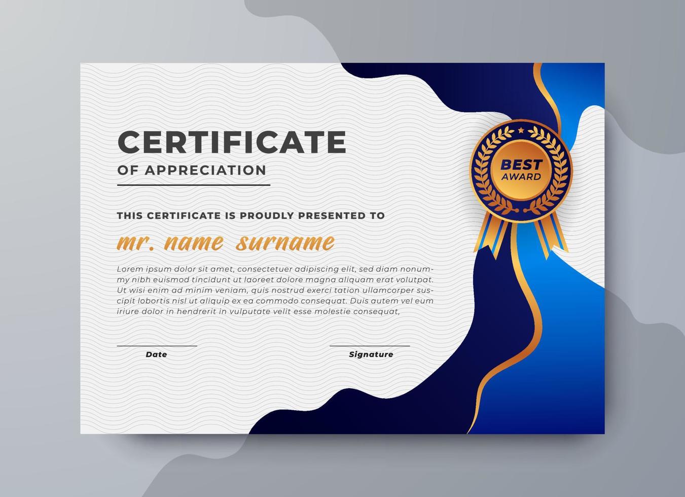 Premium certificate of achievement template, Blue and Golden Certificate Award Design, clean modern certificate with gold badge. vector