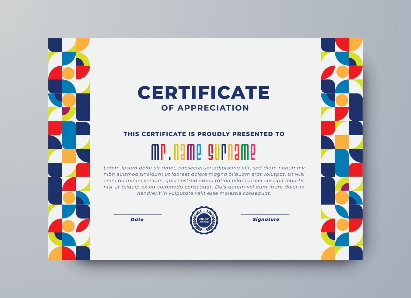 Certificate abstract geometric template, premium certificate template with multicolor geometric shapes. vector