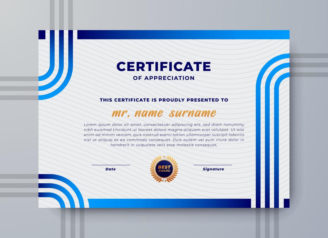 Blue color modern line art certificate design, Diploma certificate of appreciation template, simple and elegant design. vector