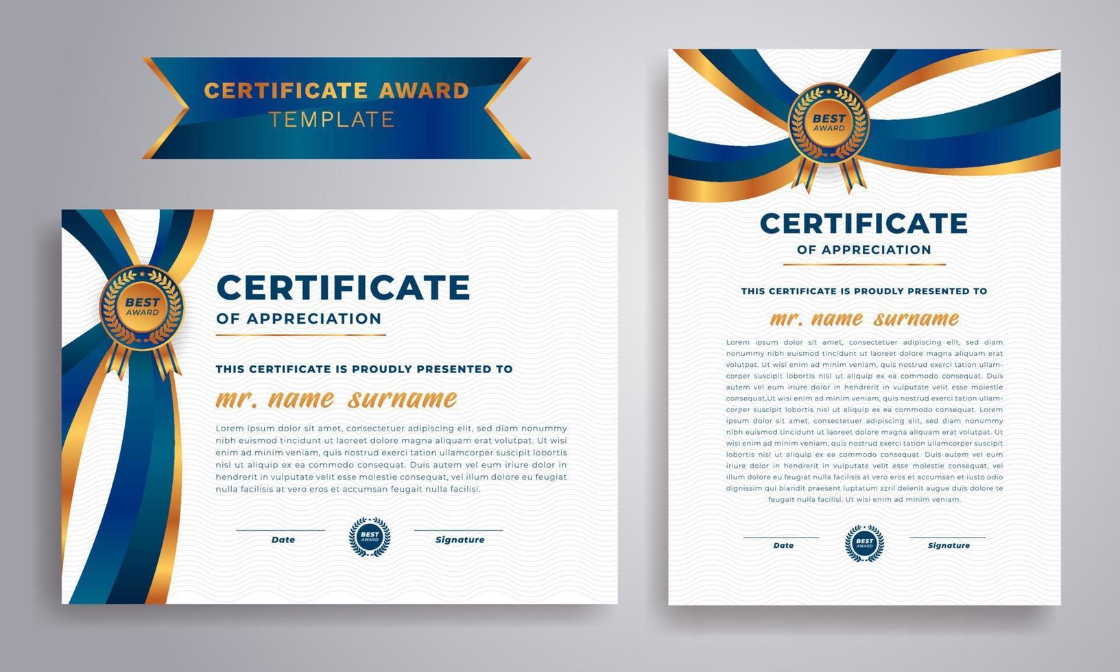 Blue and gold certificate with badge and border. For award, business, and education needs. vector