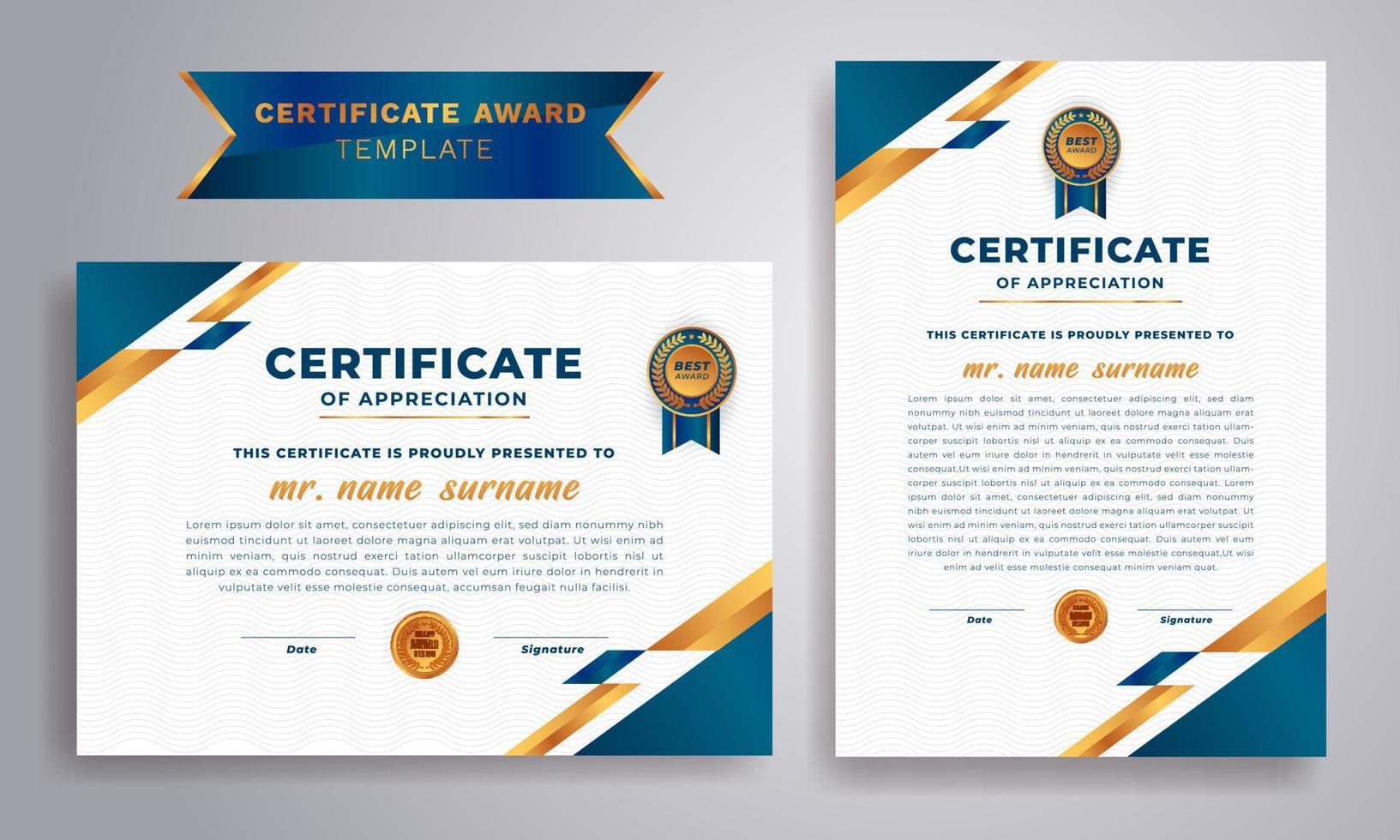 Certificate of achievement template, gold and blue color. Diploma certificate of appreciation award Template. vector