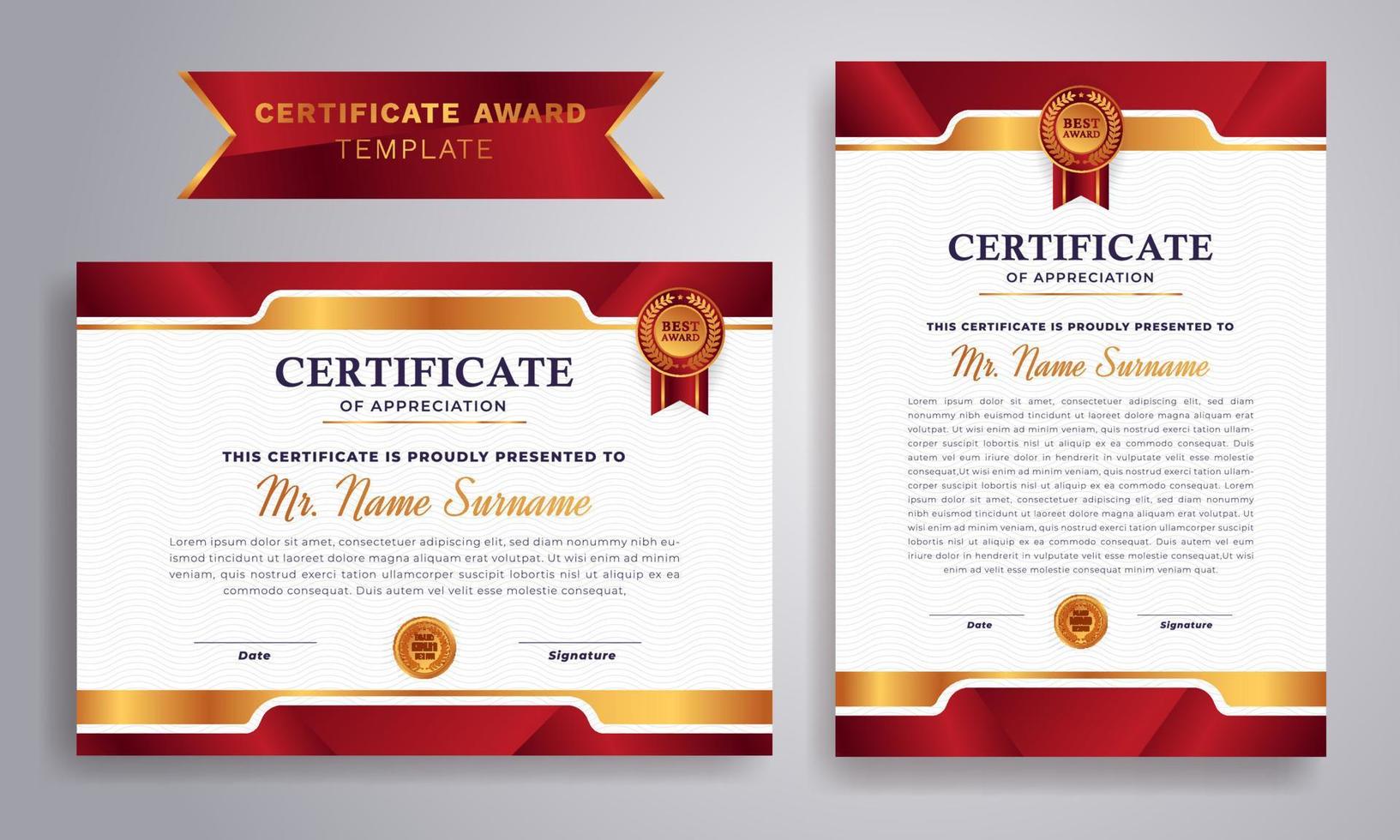 Certificate of appreciation template, gold and red color. Diploma vector template. Certificate border template with luxury and modern line pattern.