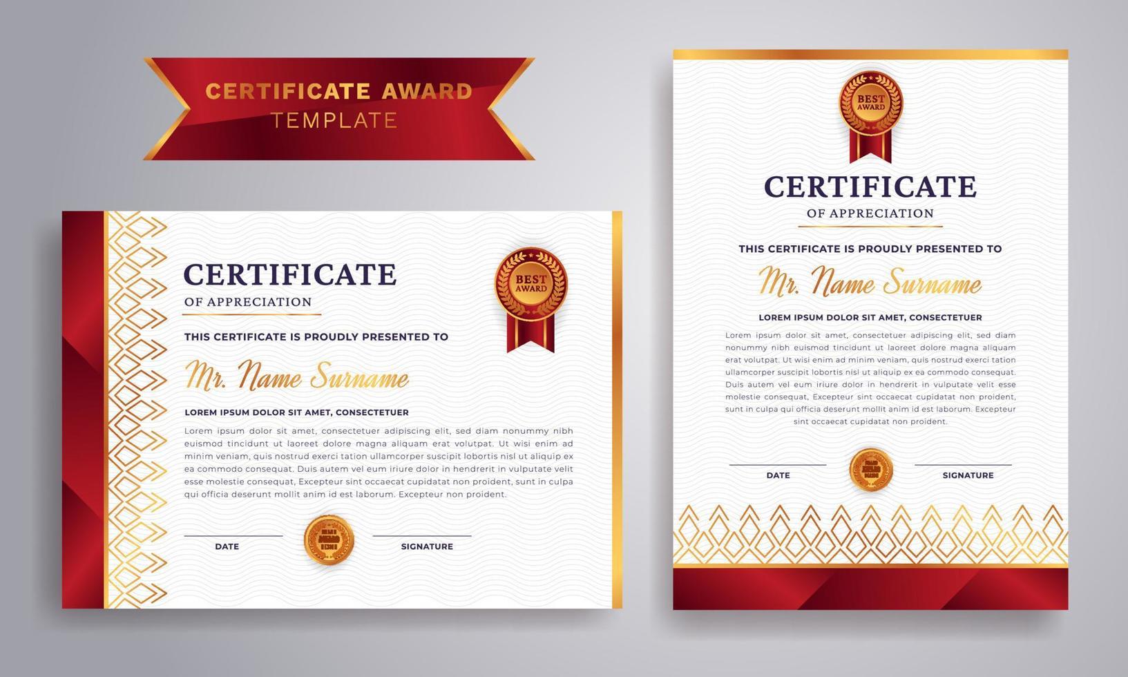 Red and gold certificate of appreciation border template with luxury badge and modern line pattern. For award, business, and education needs. vector