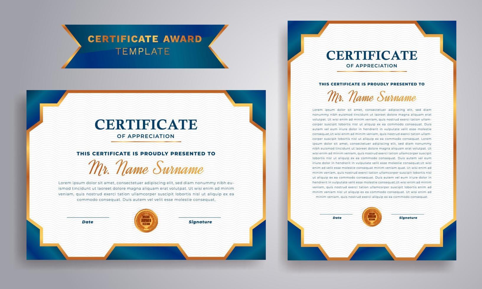 Certificate of achievement template, gold and blue color. Diploma certificate of appreciation award Template. vector