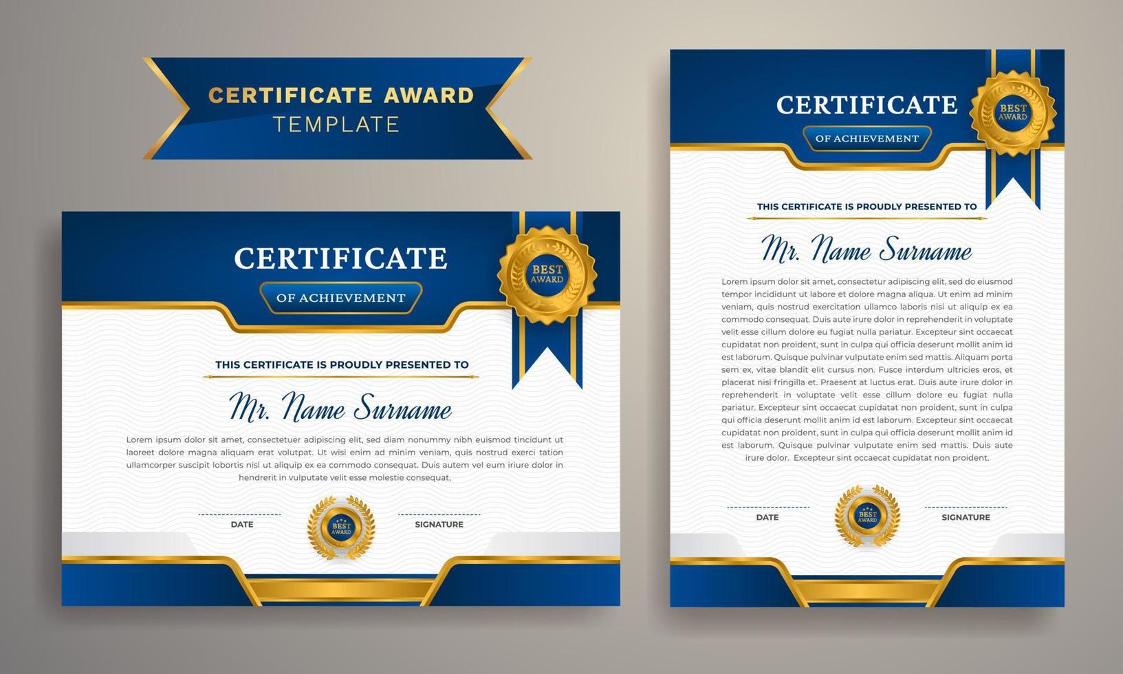 Certificate Award Design template with modern line pattern. Premium certificate of achievement template, gold and blue color. Clean modern certificate with gold badge. Diploma vector template.