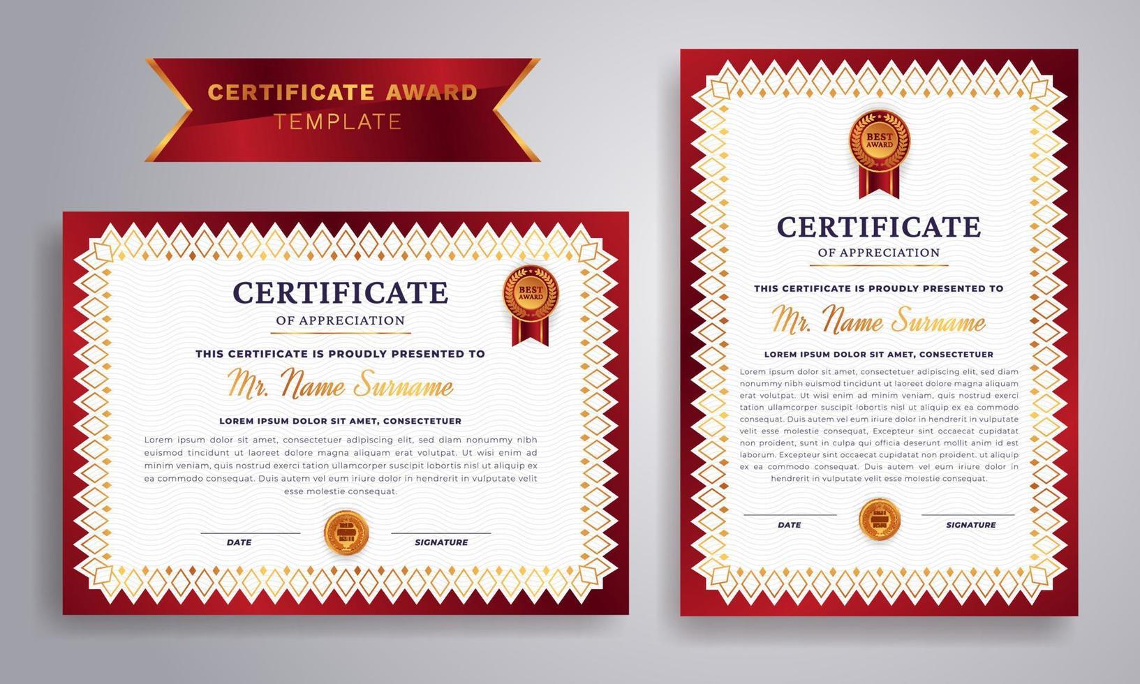 Premium and luxury gold and red certificate with gold badge and border vector template. Clean modern certificate with gold badge.