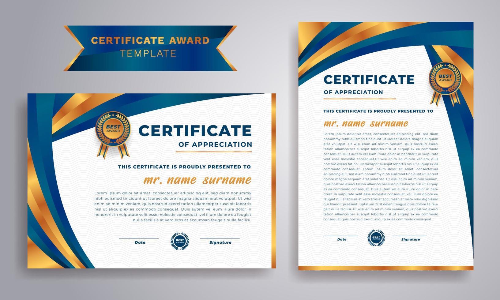 Premium certificate of achievement template, gold and blue color. Clean modern certificate with gold badge. Certificate border template with luxury and modern line pattern. vector