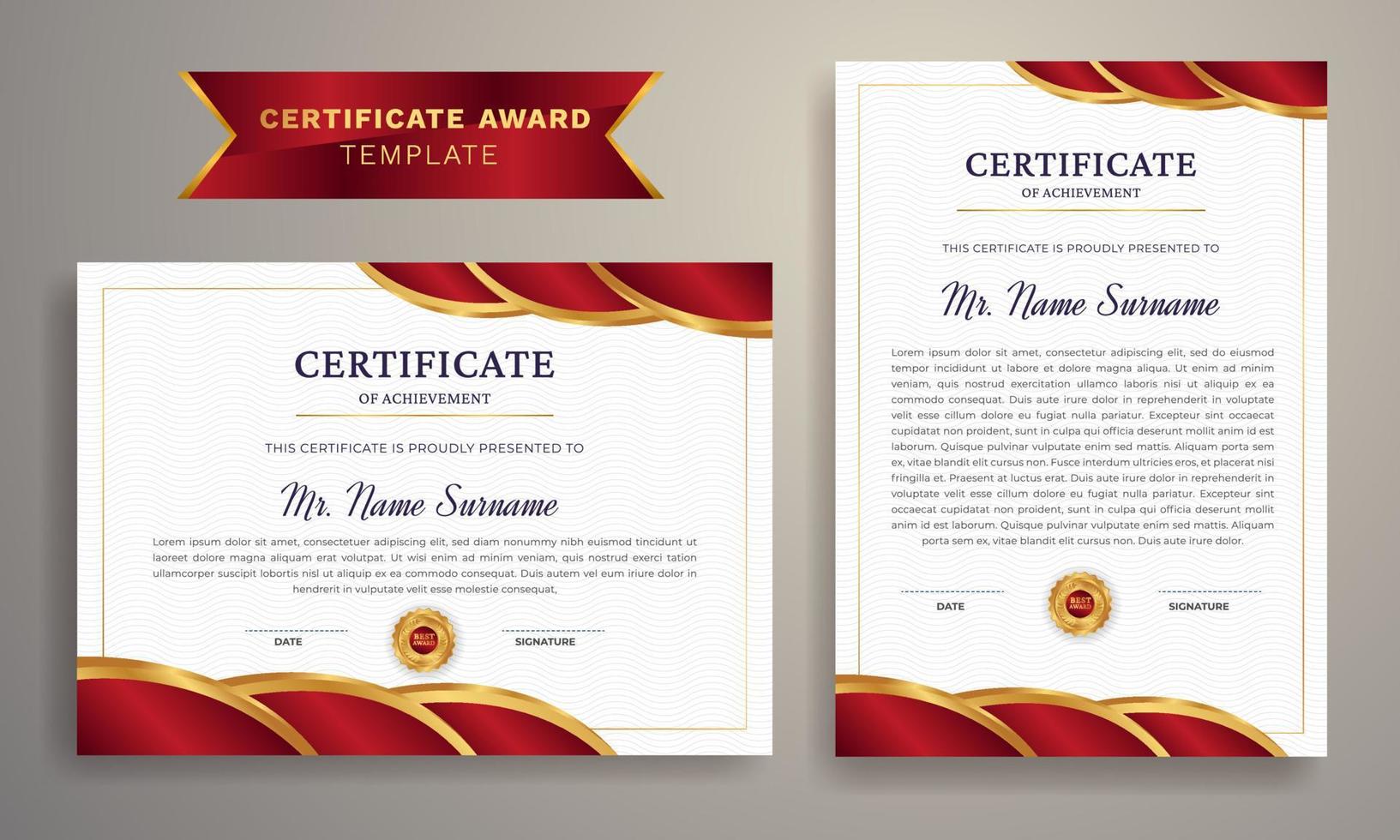 Red and gold certificate of achievement border template with luxury badge and modern line pattern. vector