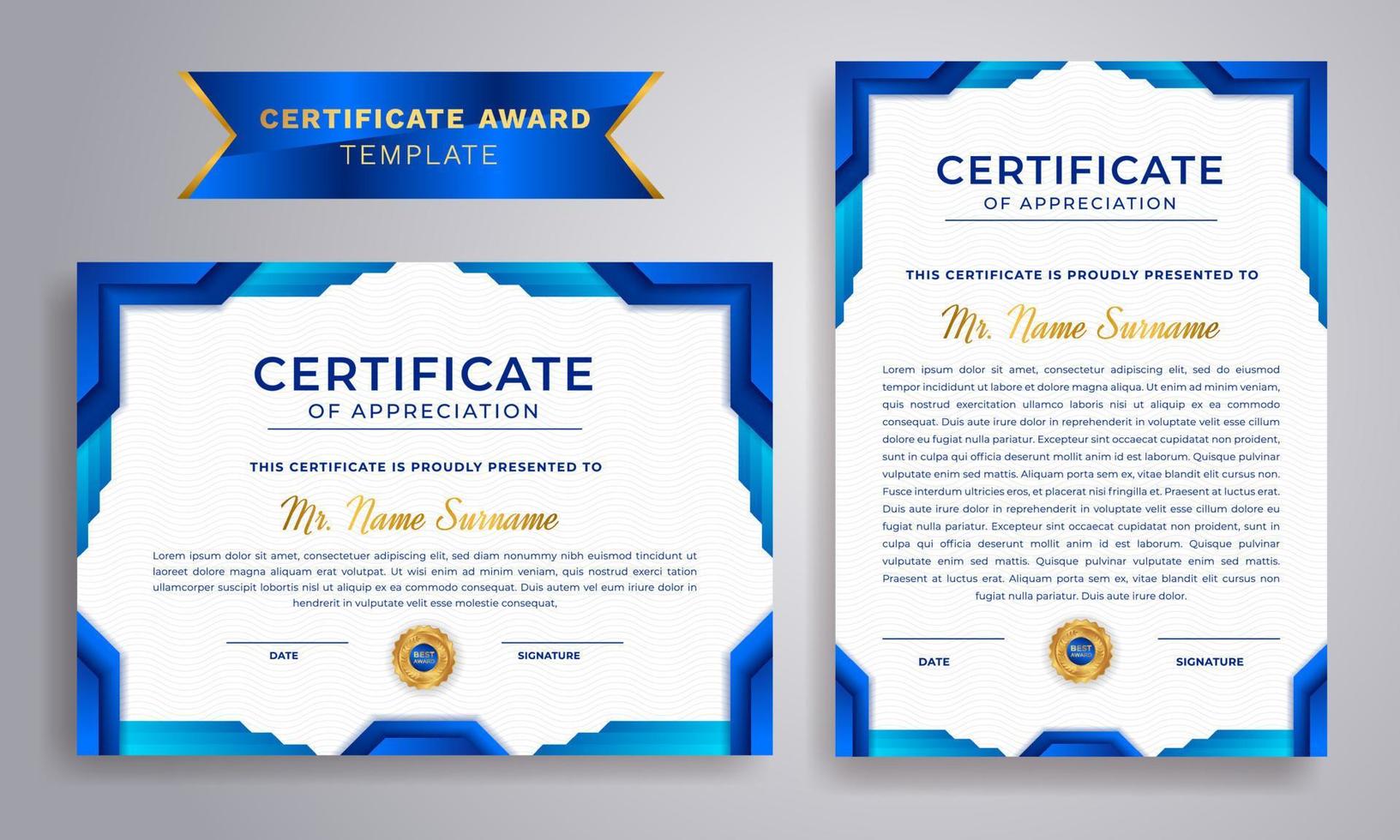 Certificate of appreciation template gold and blue color luxury border