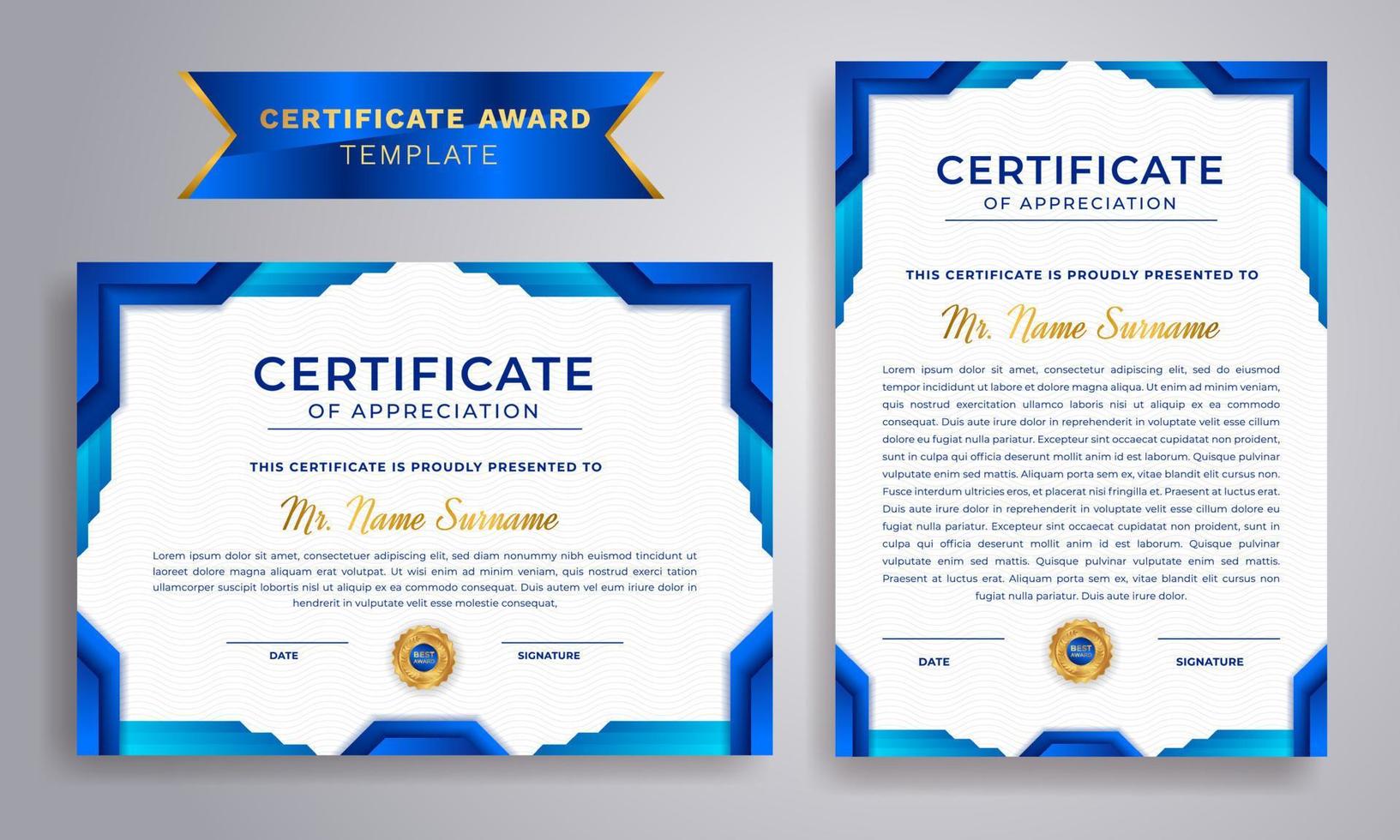 Certificate of appreciation template. Gold and blue color luxury border and modern line pattern. Creative and modern certificate with gold badge. Graduation and Diploma vector template.