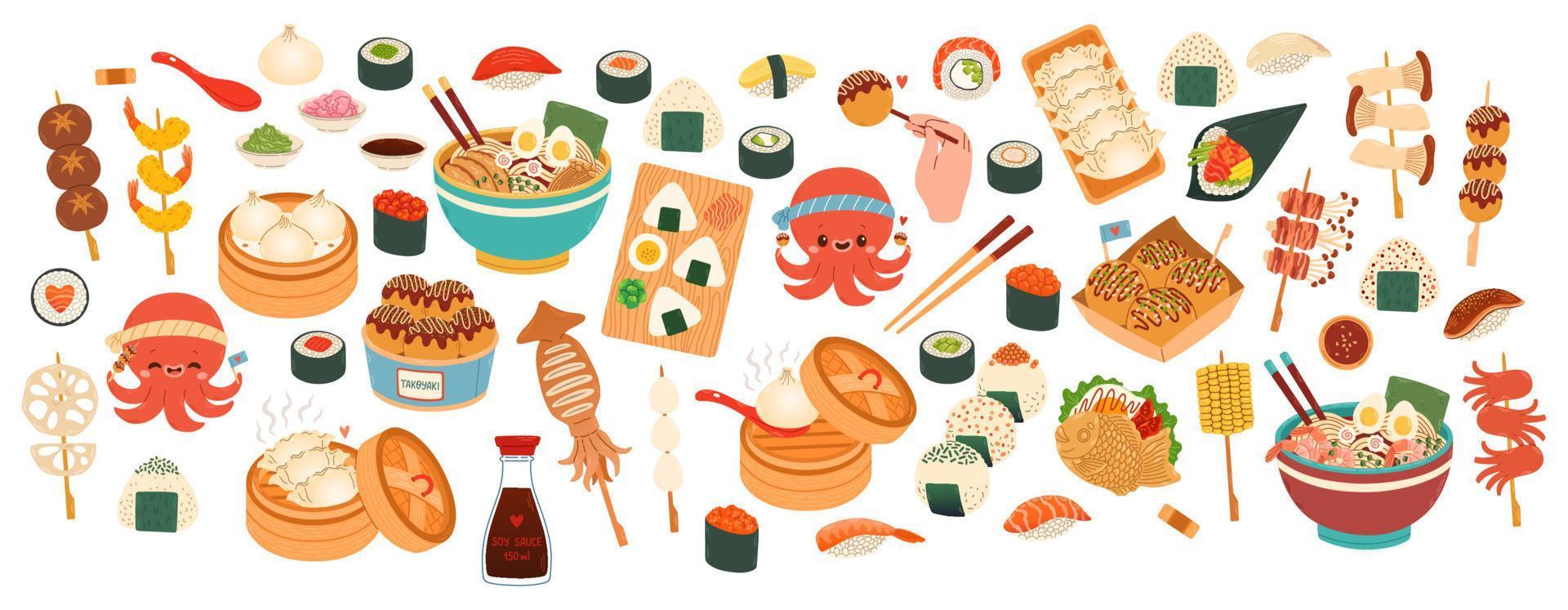 Big set of Japanese Food. Vector for stickers, postcards, notebook. japanese cafe, bar, restaurant