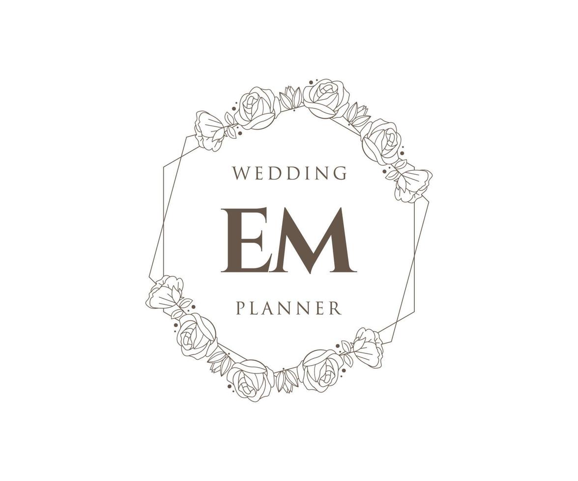 colección de logotipos de monograma de boda con letras iniciales em, plantillas florales y minimalistas modernas dibujadas a mano para tarjetas de invitación, guardar la fecha, identidad elegante para restaurante, boutique, café en vector