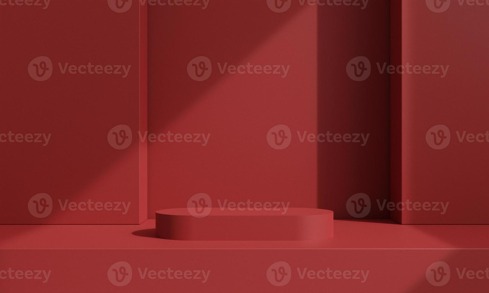 Pedestal of platform display with modern stand podium on red room background. Blank Exhibition stage backdrop or empty product presentation. christmas background. 3D rendering. photo