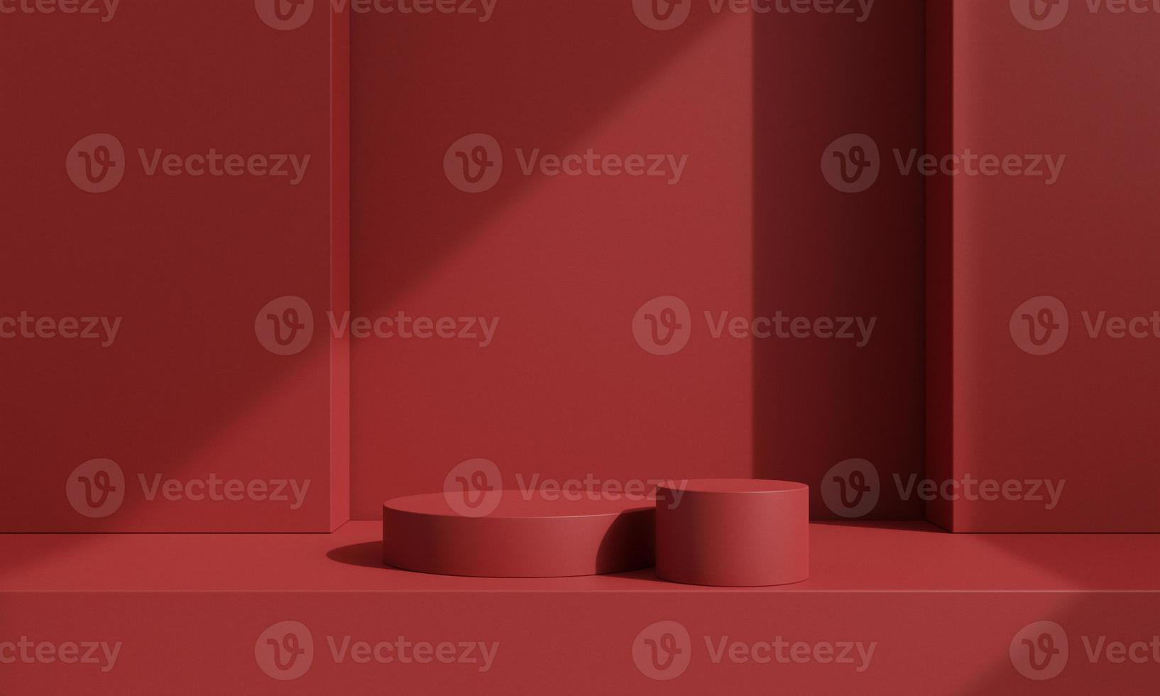 Pedestal of platform display with modern stand podium on red room background. Blank Exhibition stage backdrop or empty product presentation. christmas background. 3D rendering. photo