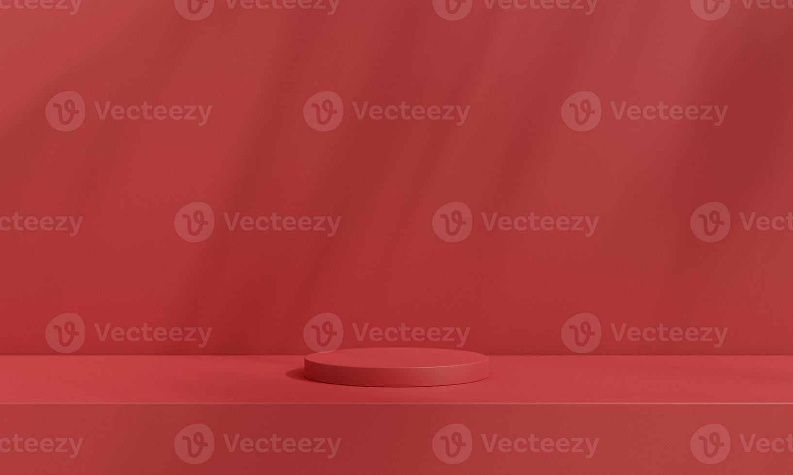 Pedestal of platform display with modern stand podium on red room background. Blank Exhibition stage backdrop or empty product presentation. christmas background. 3D rendering. photo