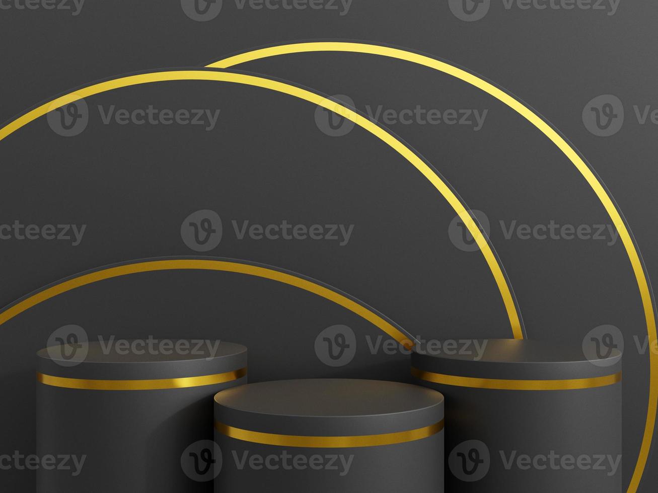 Minimal black scene with golden lines. Cylindrical gold and black podium on a black background. 3D stage for displaying a cosmetic product. 3d rendering. photo