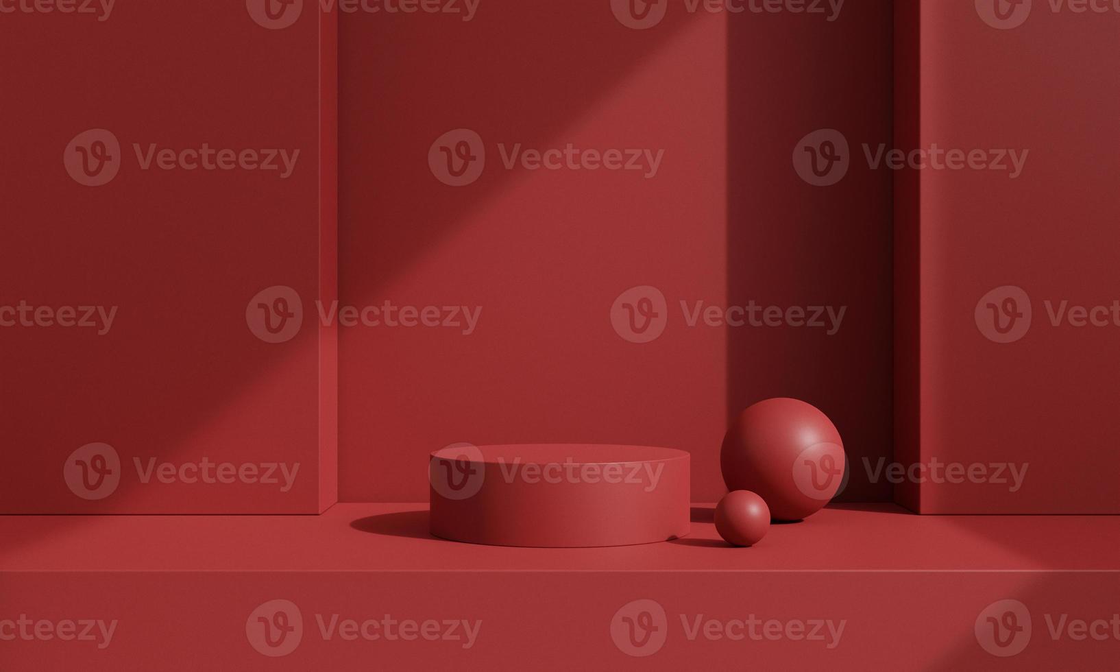 Pedestal of platform display with modern stand podium on red room background. Blank Exhibition stage backdrop or empty product presentation. christmas background. 3D rendering. photo