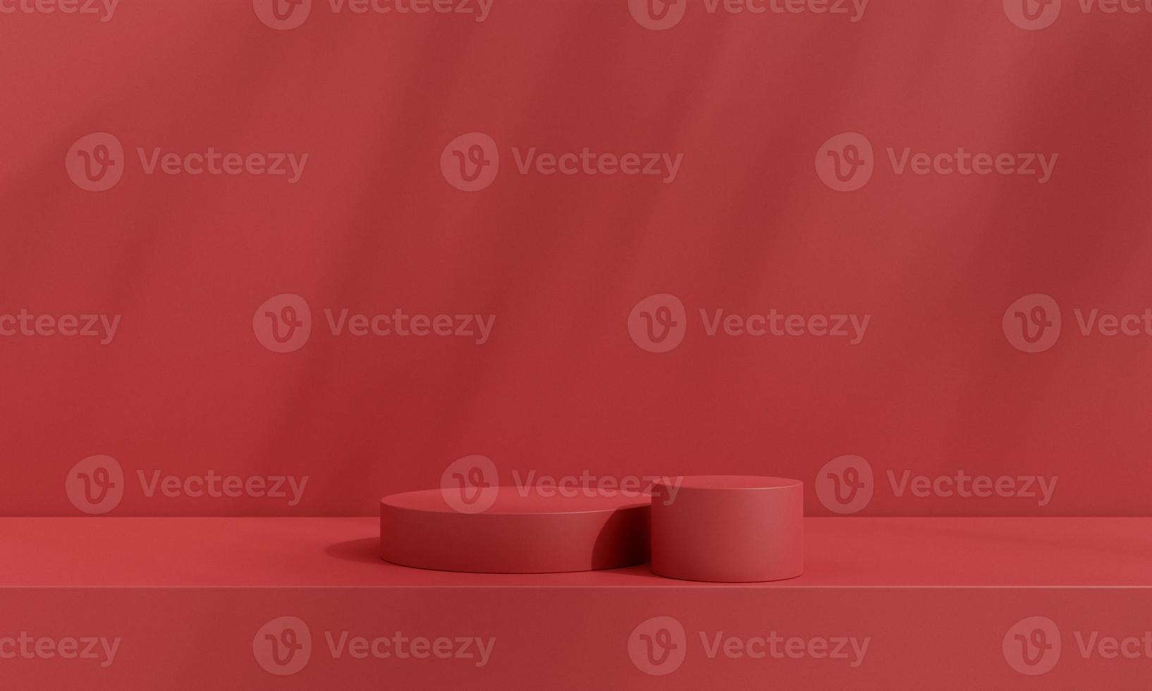 Pedestal of platform display with modern stand podium on red room background. Blank Exhibition stage backdrop or empty product presentation. christmas background. 3D rendering. photo